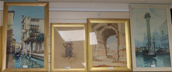 A group of four late 19th century Italian watercolour of Venice (2), a peasant girl, The Coliseum etc